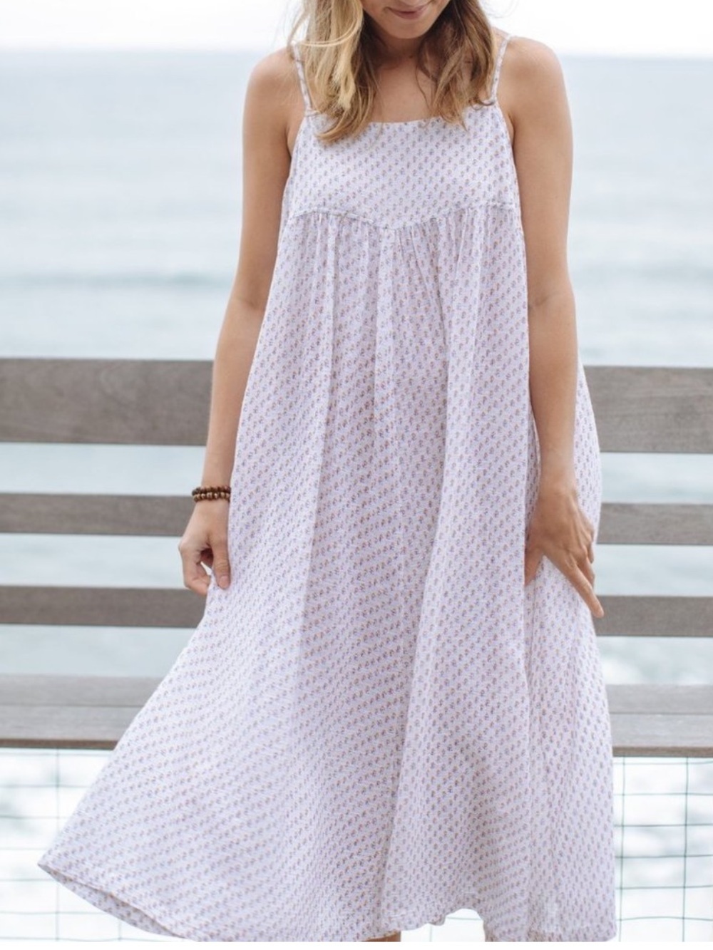 Pink Chicken Block Print Floral Cotton Cami Midi Dress Beach Sundress Boho XS